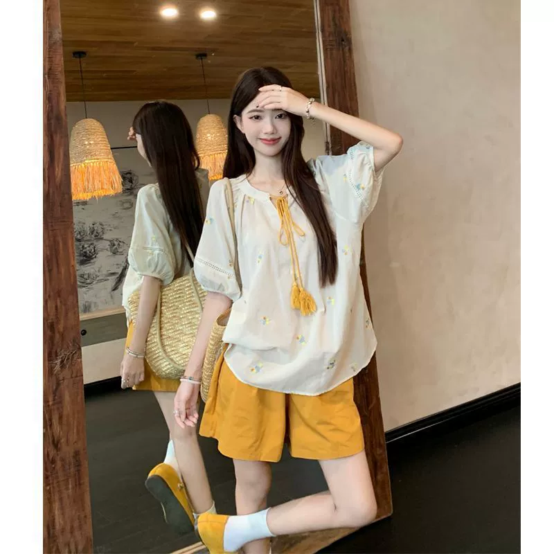 Летний модный сладкий комплект с короткими рукавами и высокой талией, свободные повседневные брюки на шнуровке, модный комплект для женщин, ежедневных поездок на работу