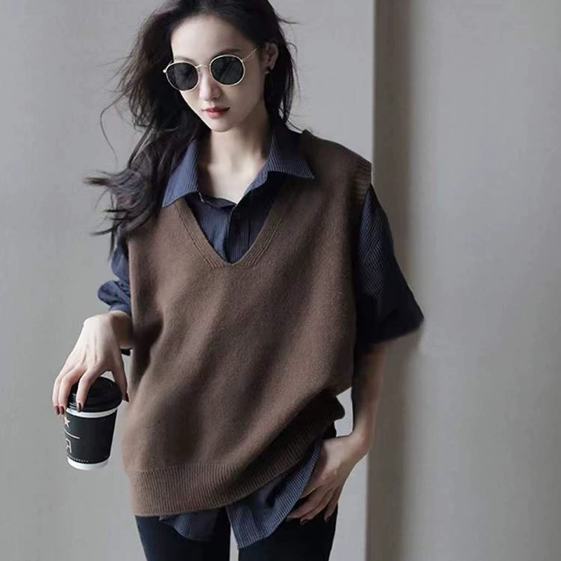 Женский жилет из 100% чистой шерсти, утолщенный кашемировый свитер без рукавов с V-образным вырезом, универсальный пуловер, жилет