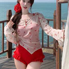 泳衣女大红色纯欲辣妹遮肉显白性感法式连体泡温泉海边度假风泳装