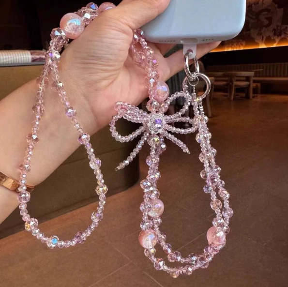 粉色超仙蝴蝶结串珠手机挂绳女轻奢甜美斜可背带手机挂链包包链条|undefined