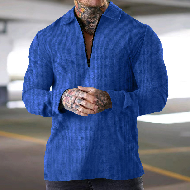 2024 Men's Half Zippered Waffle Thin Dress with Relaxed Short Sleeve Polo Collar_voghion.com