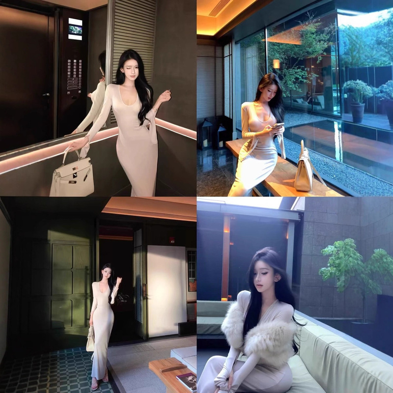 JAYKY YANG曲线雕塑师深U领长袖打底连衣裙露背收腰针织长裙|undefined
