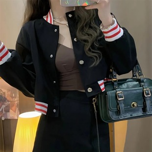 Spring and Autumn new preppy style casual all-match cardigan women's jacket short high-grade black baseball jacket