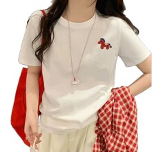 韩版高级感女纯棉圆领基础款小马刺绣T恤潮牌短袖男女半袖亲子装