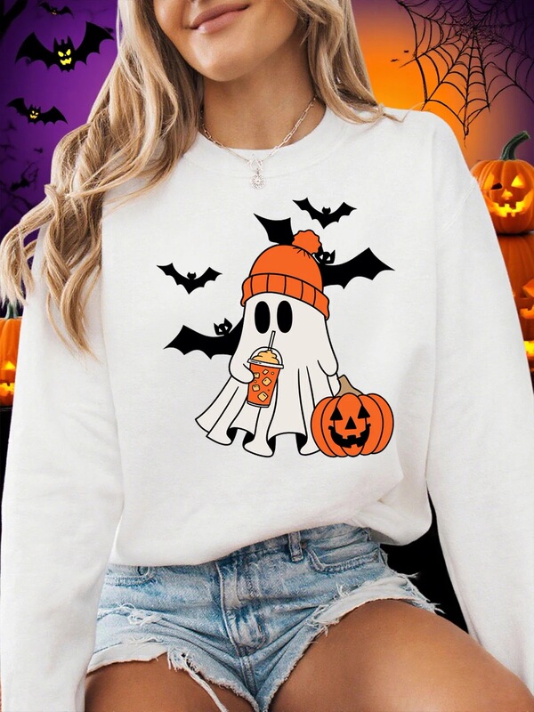 Halloween Ghost Bat Pumpkin Print Sweatshirts Women Winter Fleece Warm Sweatshirt Round Neck Loose Pullover