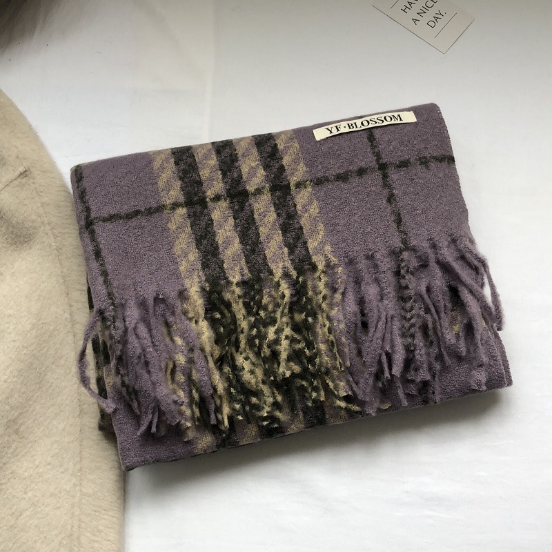 Women's Cashmere Scarf In Retro Blue Thousand Bird Grid Pattern_voghion.com