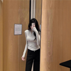 DoubleDV领织带复古撞色运动球衣长袖T恤女美式辣妹修身显瘦上衣