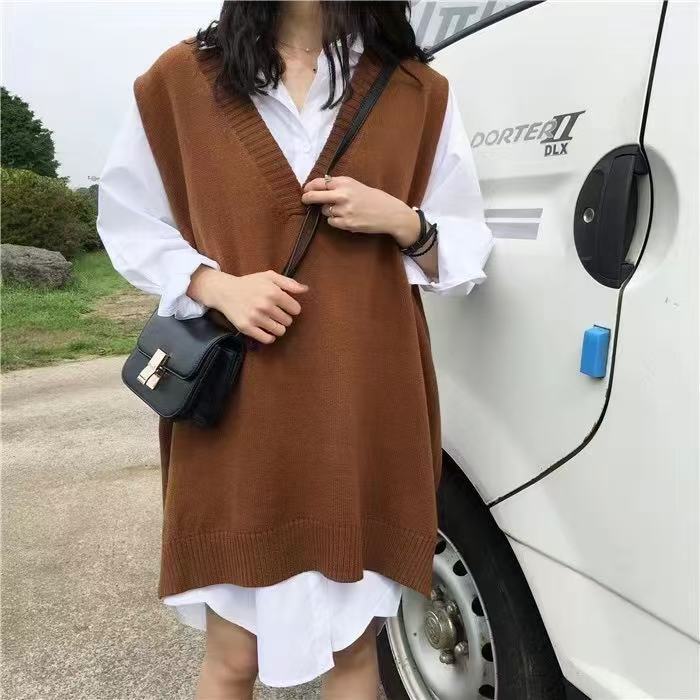 2025早春の韓国版vネックのオープンフォークニットのベスト女性のゆったりとした純色が見えます。|undefined