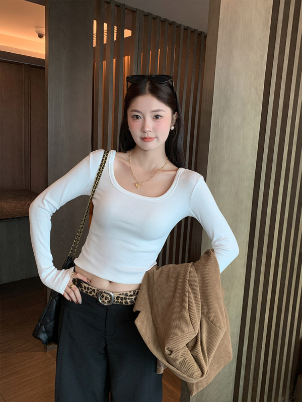 方领长袖t恤女2025秋季女装新款修身百搭内搭打底衫短款纯色上衣|undefined