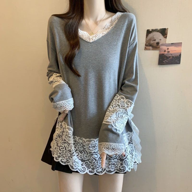 Plus-Size German Velvet Lace Splicing V-Neck Long-Sleeve Top for Women, Early Spring 2026 New Style, Loose and Fashionable Base Shirt for Women Plus-Size German Velvet Lace Splicing V-Neck Long-Sleeve Top for Women, Early Spring 2026 New Style, Loose and Fashionable Base Shirt for Women