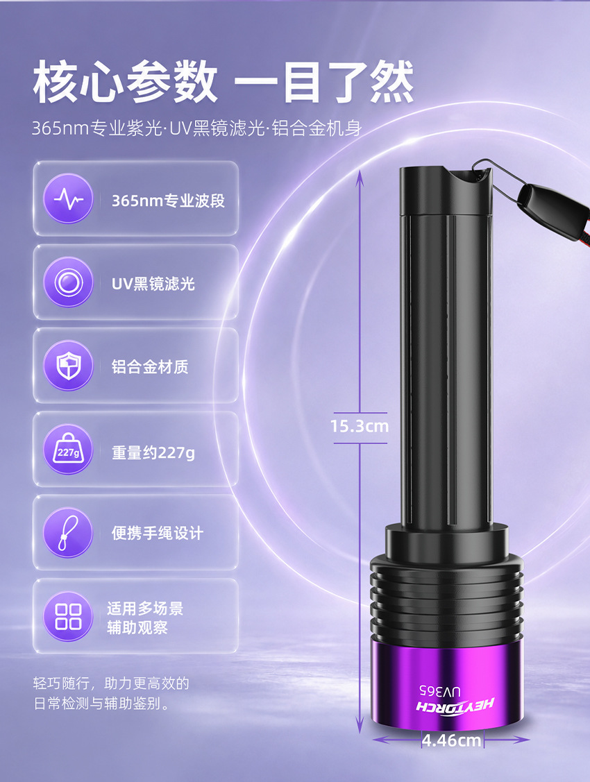 New UV purple light flashlight for identification and detection, high-power 365nm ultraviolet light for pet identification and money detection