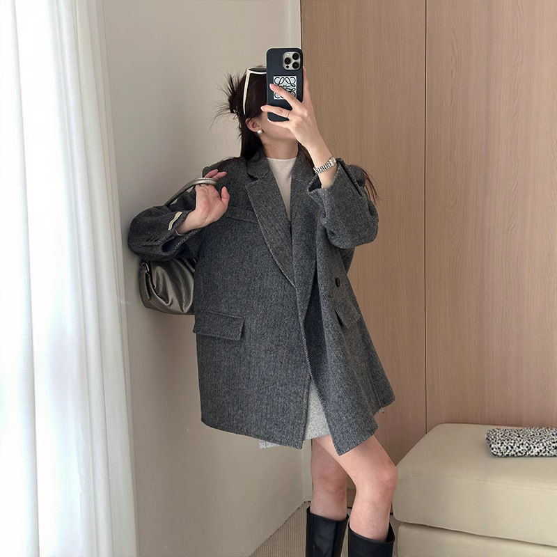 2025 New Autumn and Winter Korean Style Loose Elegant Versatile High-End Herringbone Texture Double-Sided Woolen Mid-Length Coat