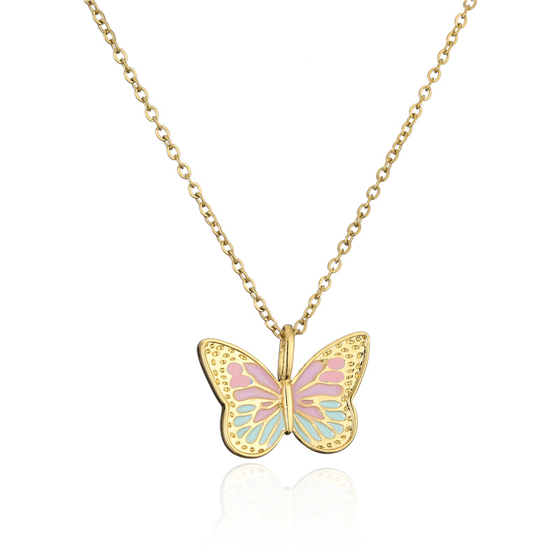 Aogu Cross-border Supply European And American Ins Internet Celebrity Same Style Colorful Oil Necklace Butterfly Pendant Real Gold Plated Copper Necklace display picture 7