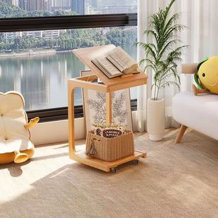 Solid wood wheeled C-shaped flip-up side table, small table, mobile coffee table, living room sofa storage, mobile storage