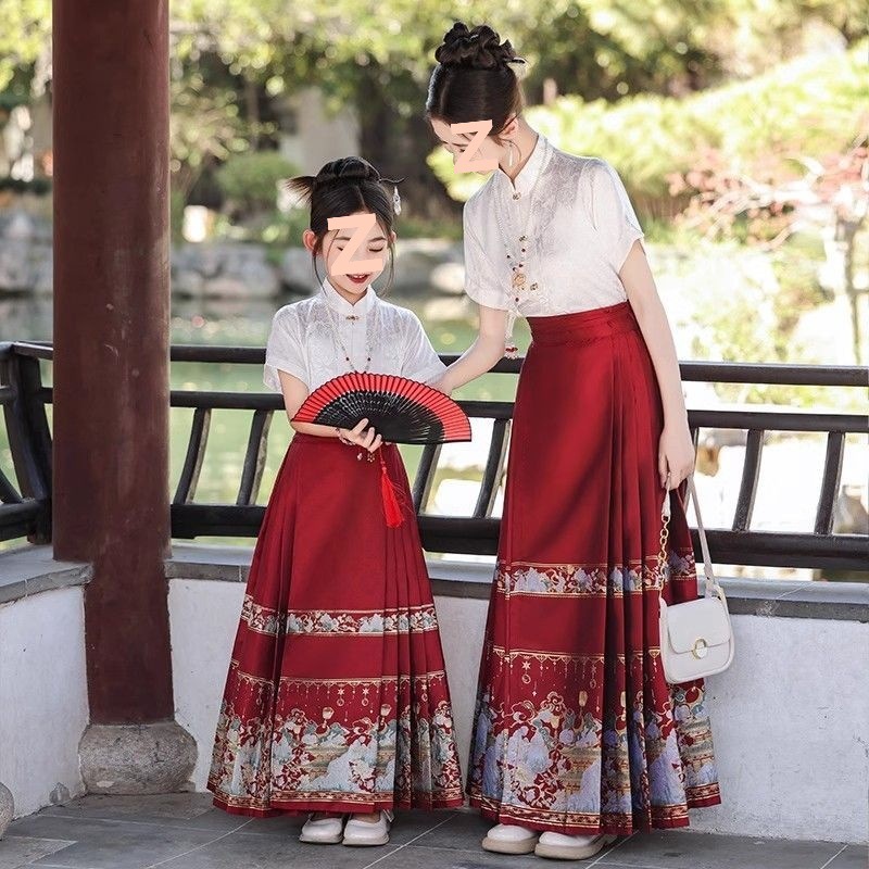 馬面スカート親子着用母娘スーツ 2025 新しいハイエンド漢服女の子国民風子供古代スタイル唐スーツ夏|undefined
