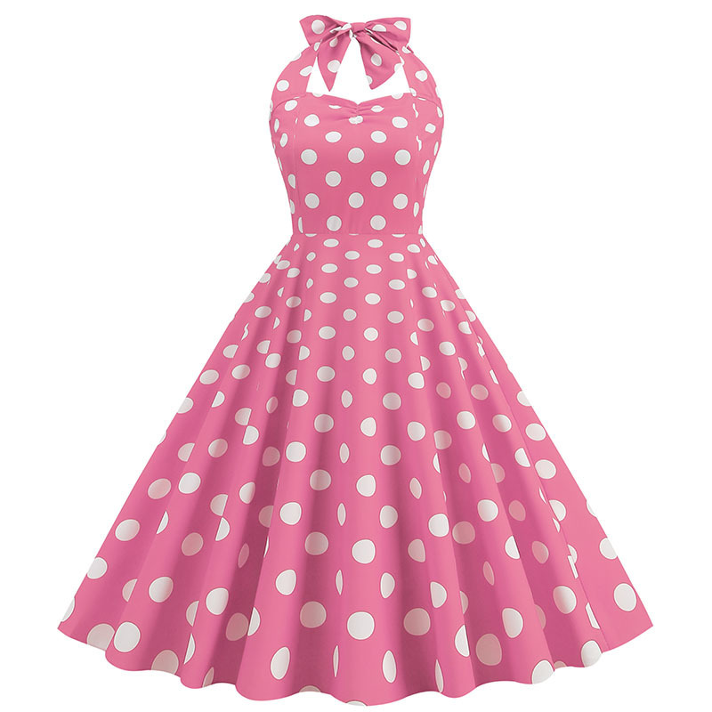 Retro Hepburn style printed dress 50 S wave point hanging neck long dress cross-border spot dress