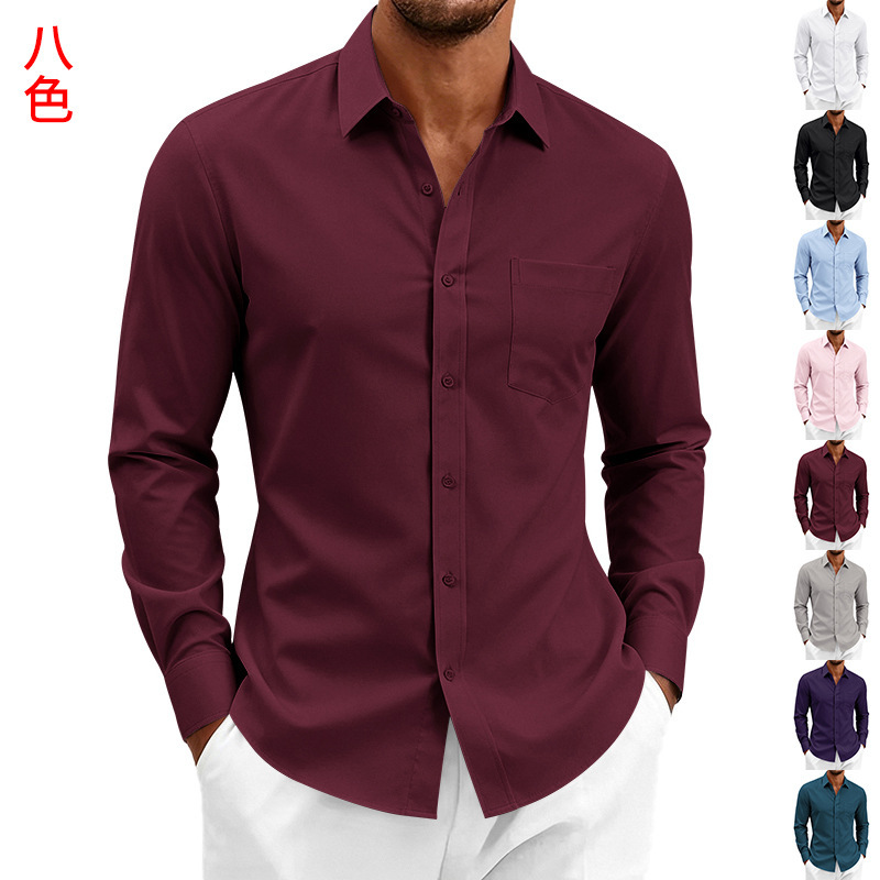 Cross-Border Amazon Men's Clothing, Four-Season American-Style Men's Solid Color Long-Sleeved Button-Down Shirt, No-Iron Business Casual Top