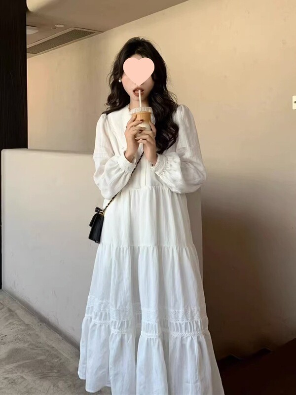 Early Spring and Autumn New Long-Sleeved French Mid-Length Dress Puff-Sleeved White Bottoming Skirt Hepburn Style Long Skirt Early Spring and Autumn New Long-Sleeved French Mid-Length Dress Puff-Sleeved White Bottoming Skirt Hepburn Style Long Skirt