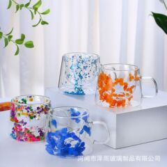 ドライフラワー二重層花びらガラス流砂カップクリエイティブクロスボーダー高温耐性透明本物の花高ホウケイ酸コーヒーカップ