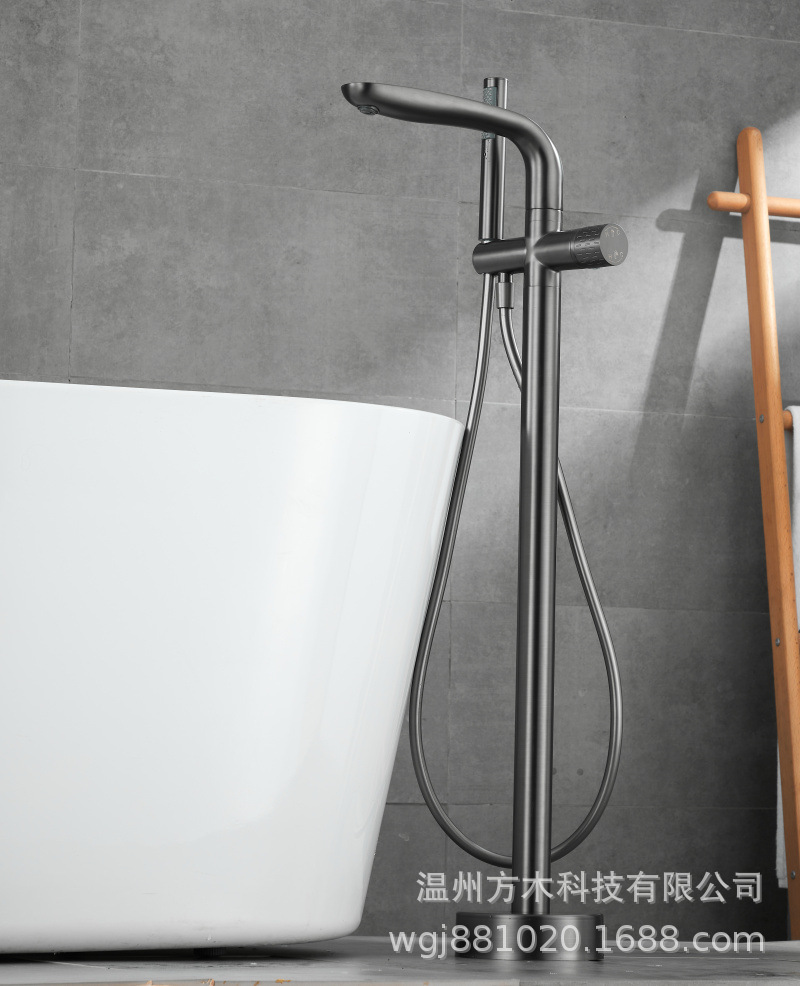 Black chrome-plated brushed gold gun gray floor-standing single-handle double-control ceramic valve core hot and cold water faucet, wooden bucket bathtub, showerhead undefined