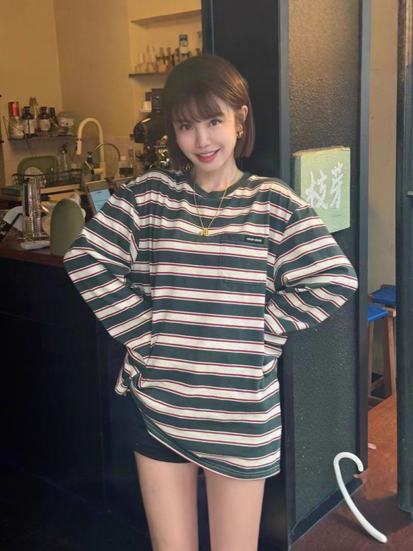 缪家miu系24SS新款百搭休闲宽松撞色条纹长袖T恤男女情 侣款上衣|undefined