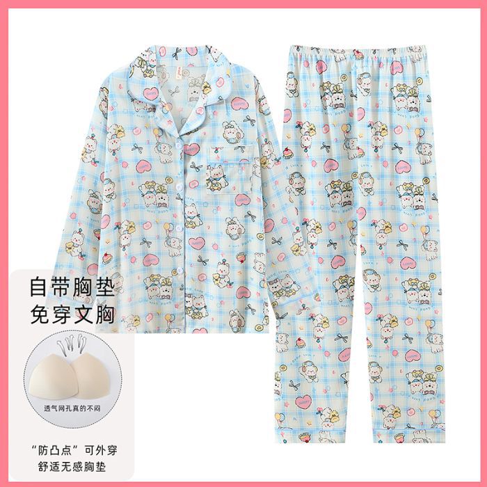 Nube de algodón pijama de primavera y otoño dulce dibujos animados con cojín de pecho cardigan de manga larga pantalones largos dos piezas de ropa de hogar