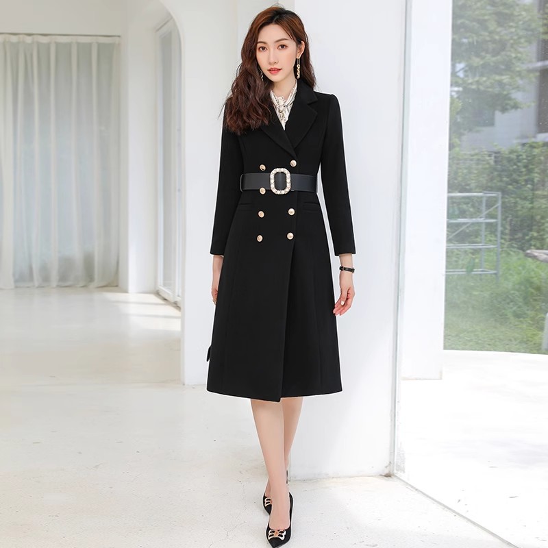 2023 new professional suit wool coat female winter temperament French retro mid-length black waist jacket