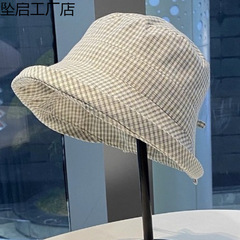 日系格子卷边渔夫帽女夏季新款大檐速干遮阳防晒帽时尚显脸小盆帽
