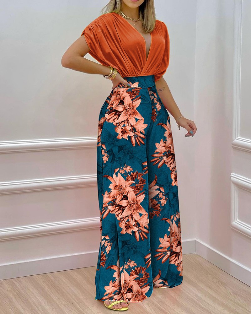 deep v short sleeve solid color top and high waist wide-leg print pant suit NSSRX129073