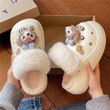 可爱卡通小熊洞洞鞋女2025年秋冬新款厚底加绒舒适保暖包头棉拖鞋
