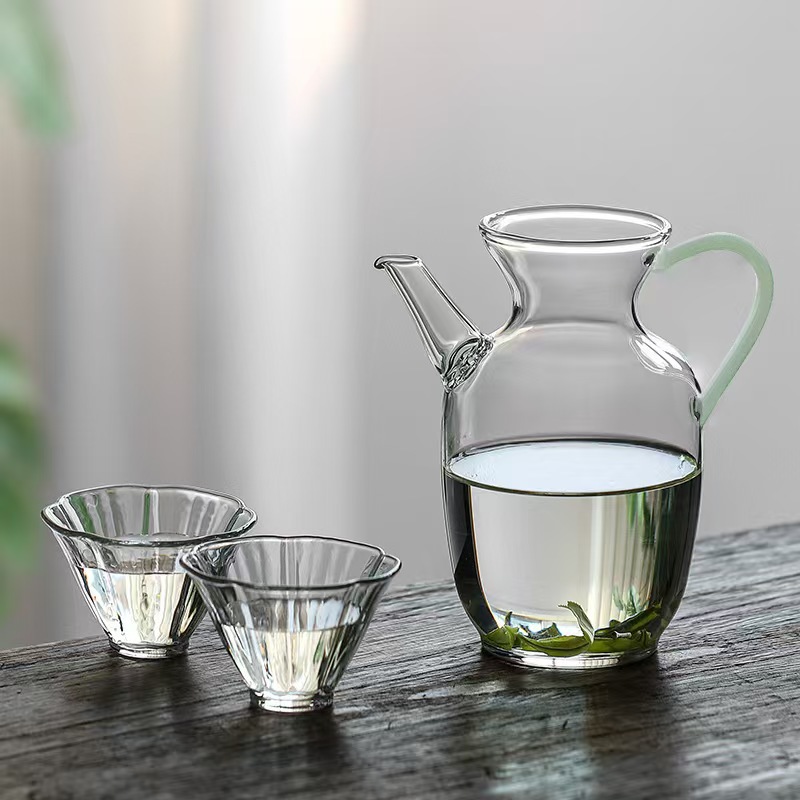 Small morning green teapot with green jade handle + 2 hibiscus cups
