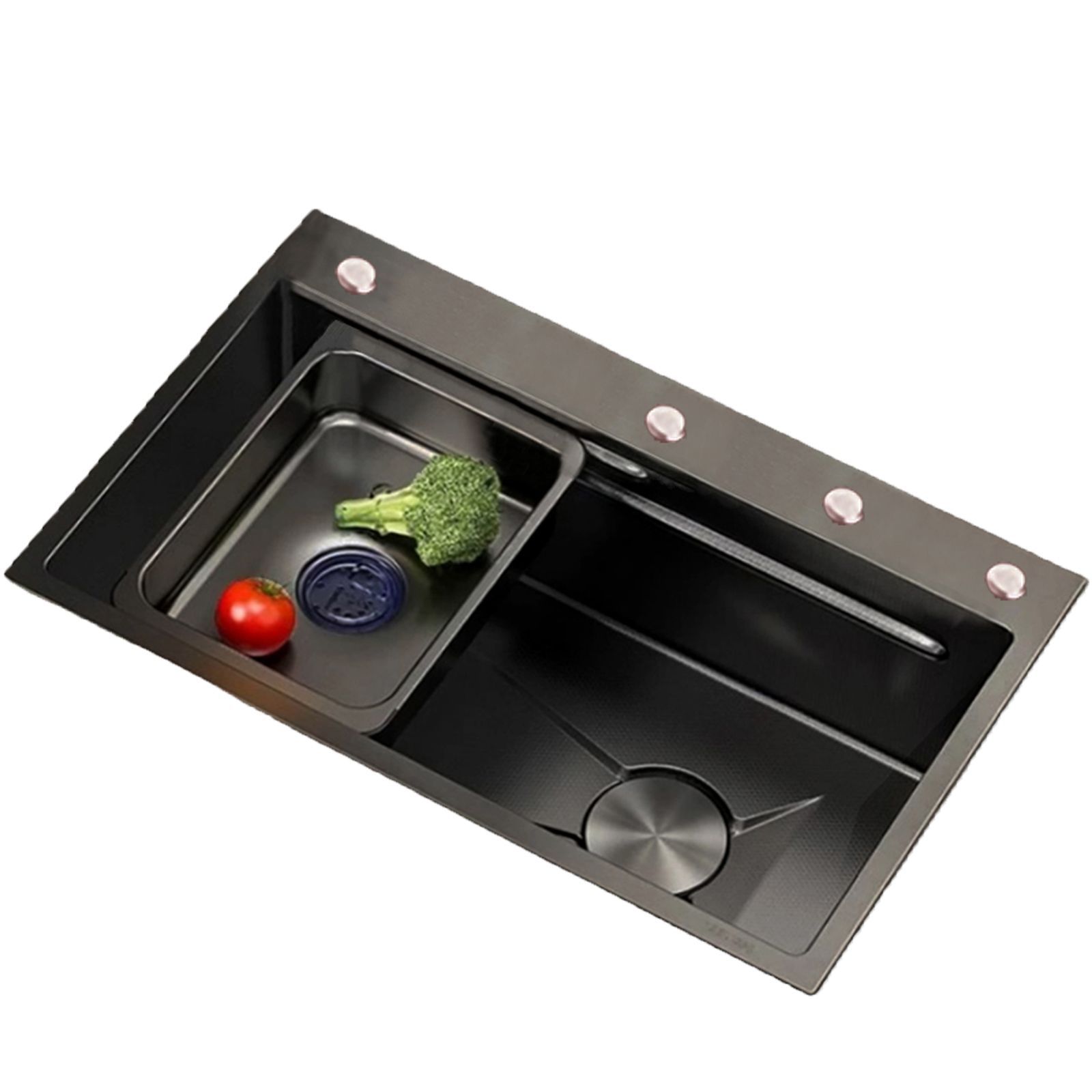 Nuevo modelo de fregadero de acero inoxidable con forma de tiburón con soporte para cuchillos, pantalla digital con botones, fregadero extra grueso para lavar platos, fregadero de cocina grande de una sola cubeta.