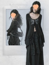 美式复古黑色系穿搭废土风喇叭袖蝴蝶印花上衣半身裙两件套云