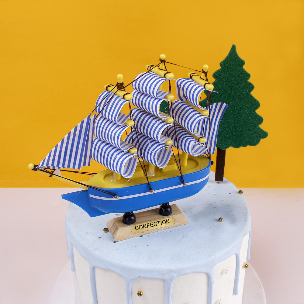 14公分塑料帆船地中海风格创意桌面摆件一帆风顺开学季蛋糕装扮