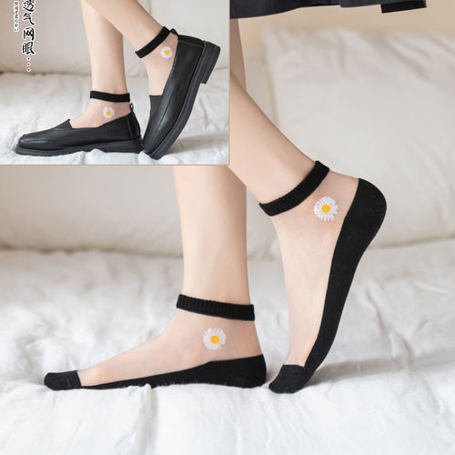 Summer new product Internet celebrity Daisy Glass Silk Thin Socks Transparent Crystal Silk Socks Women's Color Blocking Boat Socks