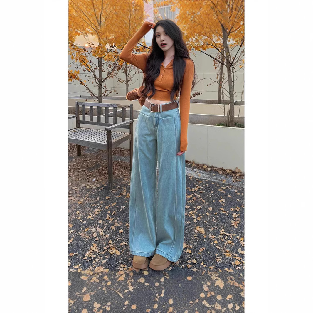 라이트 블루 넓은 벨트 기모 넓은 다리 청바지 여성의 2024 겨울 새로운 높은 허리 슬리밍 걸레 바지 허리