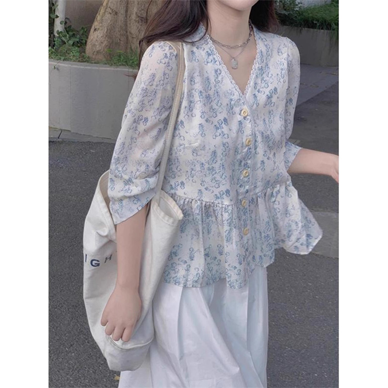 Women's Clothing from Gejia Mall: 2025 Summer Floral Chiffon Doll Shirt, Niche French Slimming Blouse for Women Women's Clothing from Gejia Mall: 2025 Summer Floral Chiffon Doll Shirt, Niche French Slimming Blouse for Women