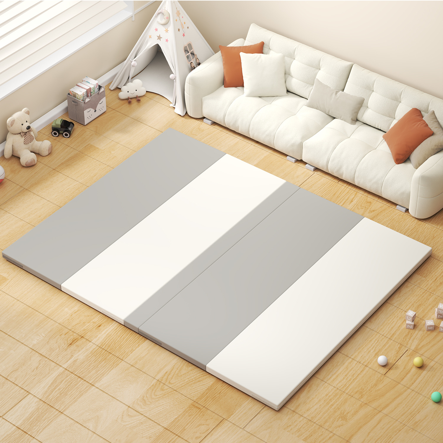 Alfombra de gateo Fanyibaby IXPE, alfombra de gateo plegable de PU de grado A para madres e infantes, alfombra de suelo para sala de estar y centro de educación temprana para niños.
