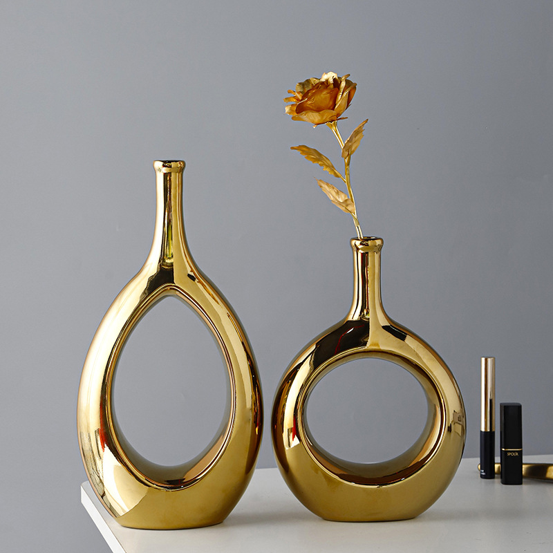 Jarrón de cerámica hueco para flores secas, circular, galvanizado, para exportación, hotel, oficina, hogar, adorno artesanal, arreglo floral, venta al por mayor, arte floral.