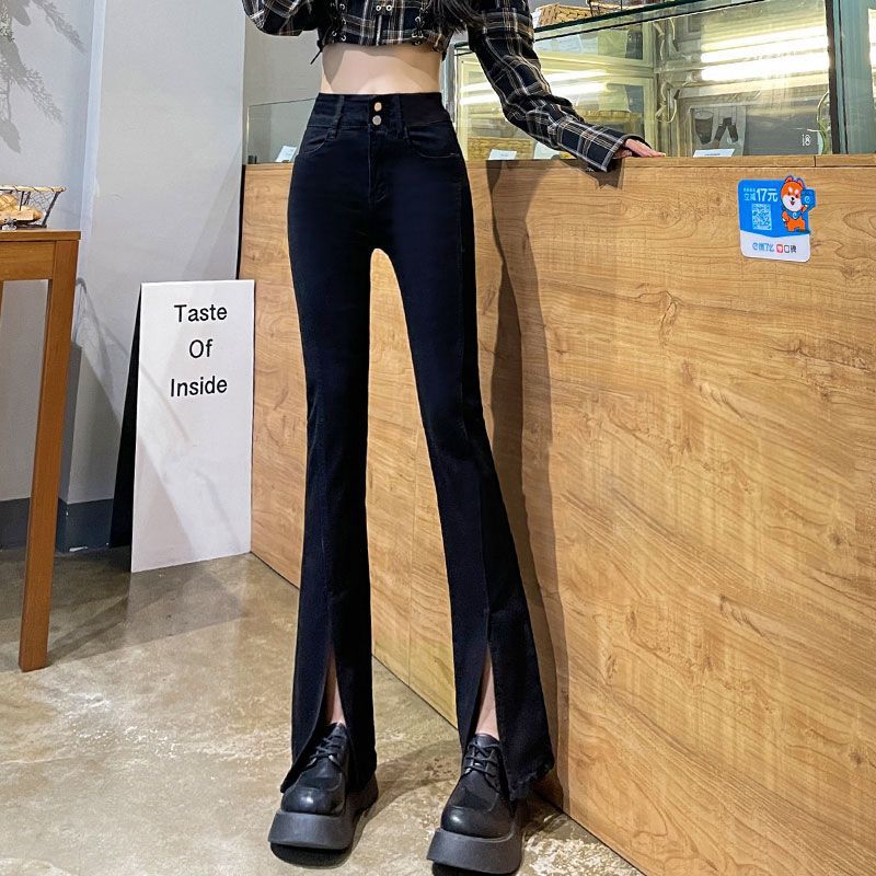 Black Skinny Jeans Women's Spring and Autumn 2024 New High Waist Slimming Small Split Horn Horseshoe Pants
