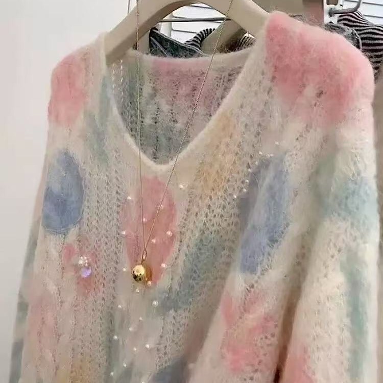 设计感巨好看的粉色提花宽松针织衫上衣法式小香风v领珍珠毛衣女|undefined