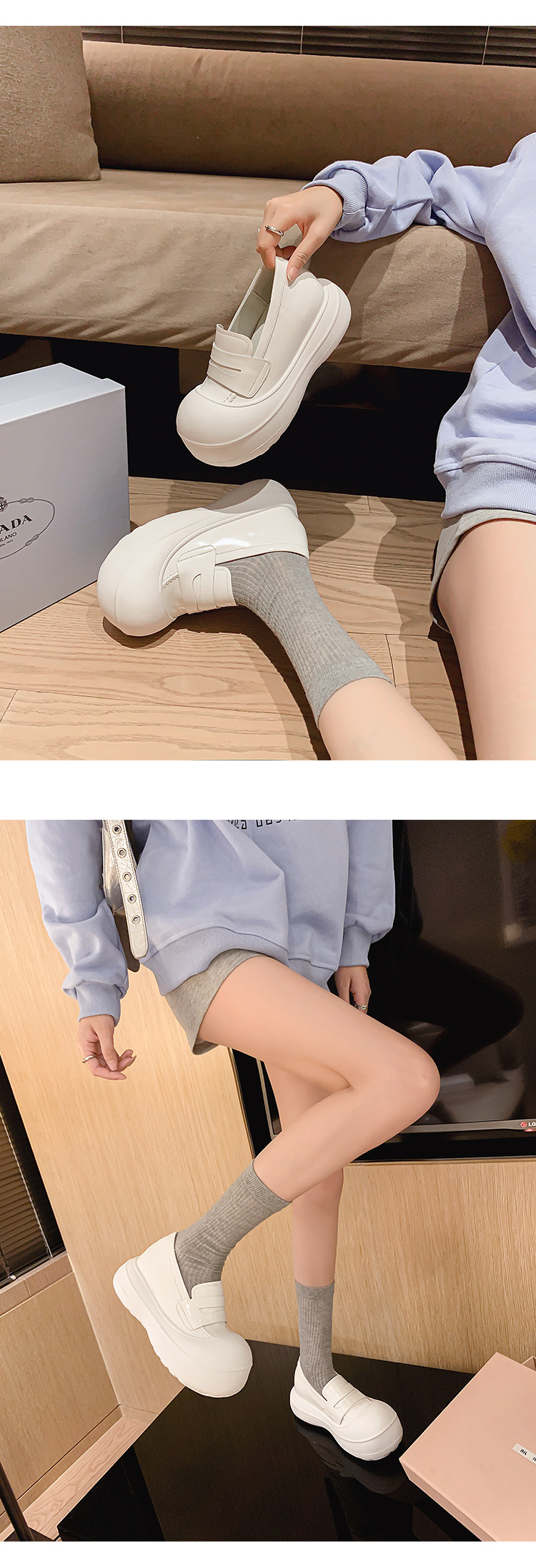 Giày loafer nữ đế dày 5cm da thật phong cách sneaker chunky — màu đen, màu trắng chi tiết 9