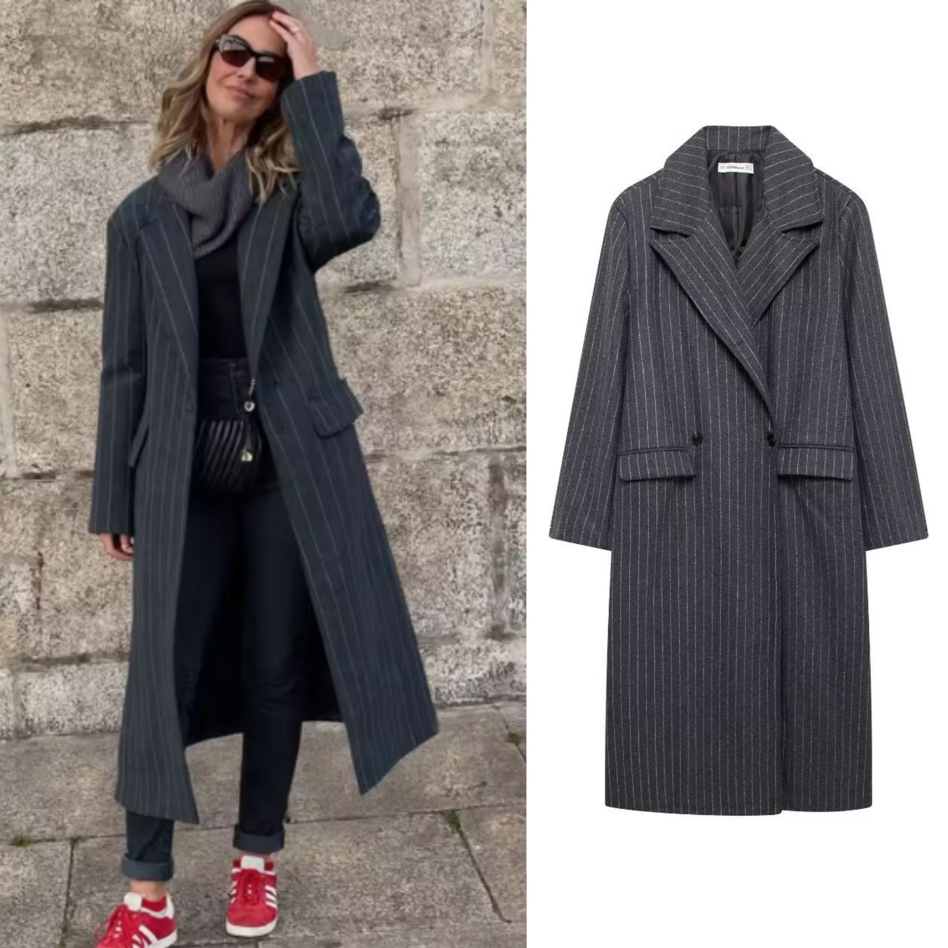 Aliexpress Hot Cross-Border Foreign Trade European and American Style Women's Clothing Elegant Suit Collar Striped Woolen Long Suit Jacket