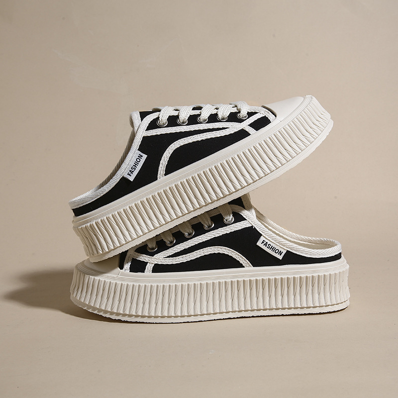 2024 verano nuevos zapatos de galleta ins moda versión coreana de todos los zapatos de lona de arrastre medio zapatos casuales de estudiante de suela gruesa_voghion.com