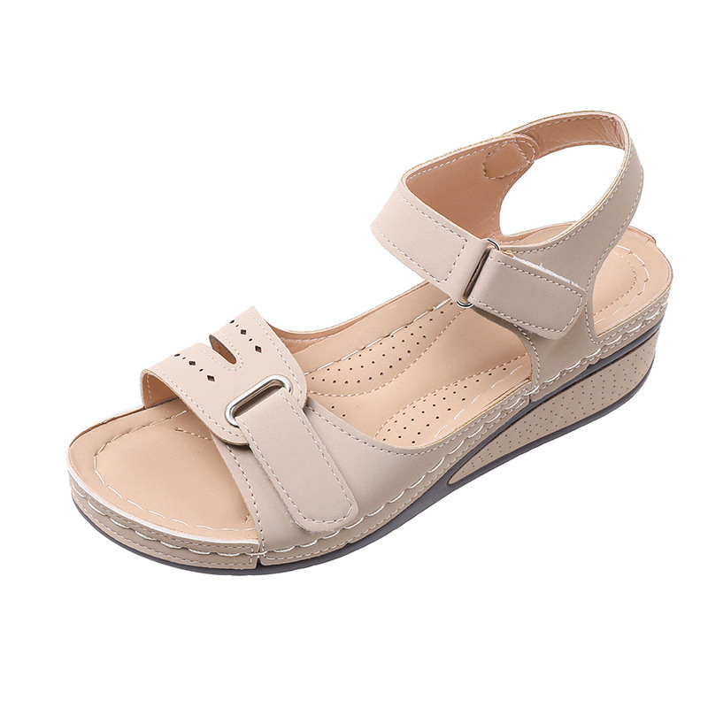 Sandalias de comercio exterior transfronterizo de gran tamaño para mujer 2025 verano nuevo estilo cuña con boca de pez de suela gruesa Velcro playa Roma ropa exterior