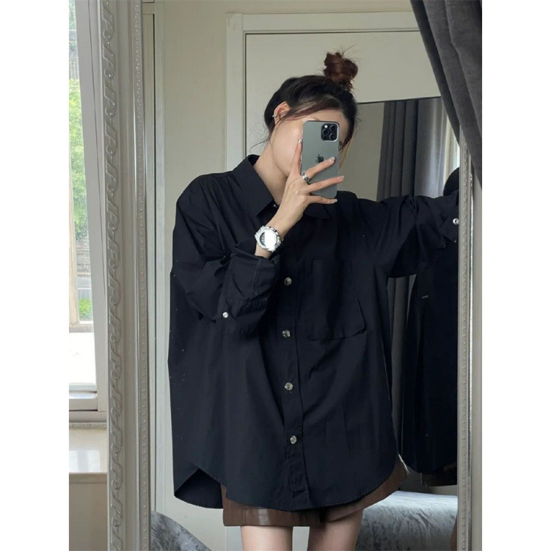 Black Retro Pure Cotton Shirt for Women, Summer Design, Trendy and Cool Style, Mid-Length Spring Shirt, Long-Sleeved Top Jacket