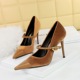 9116-1 Banquet High Heels, Thin Heels, Shallow Mouth, Pointed Xishi Suede Panel, Pointed Metal Buckle, Straight Line with Single Shoes