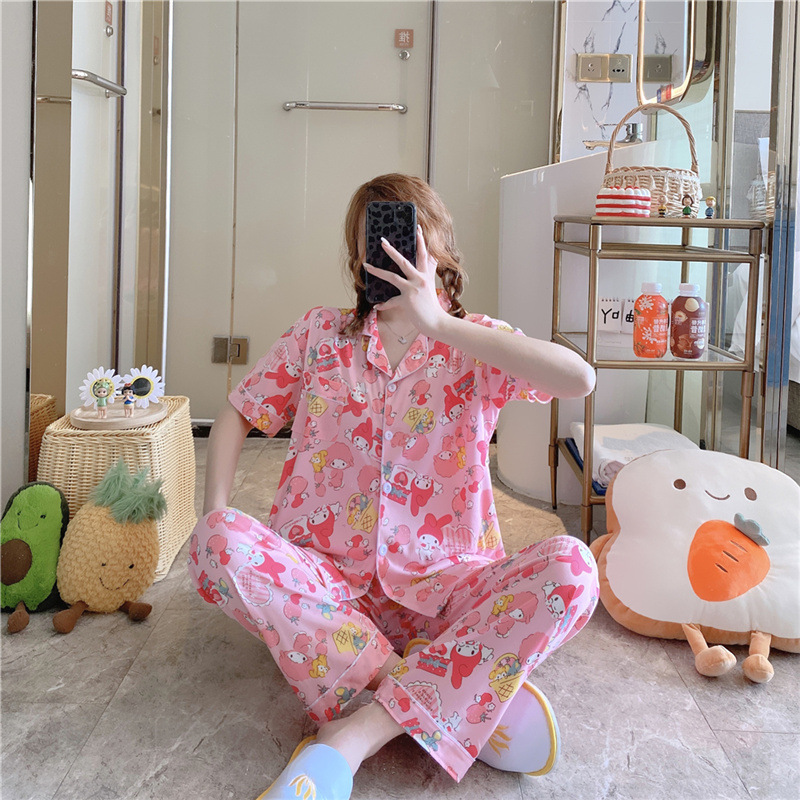 Pantalones de manga corta pijamas de las mujeres de verano estilo coreano ins cardigan leche traje de seda hogar ocio dibujos animados estudiante fuera image 4