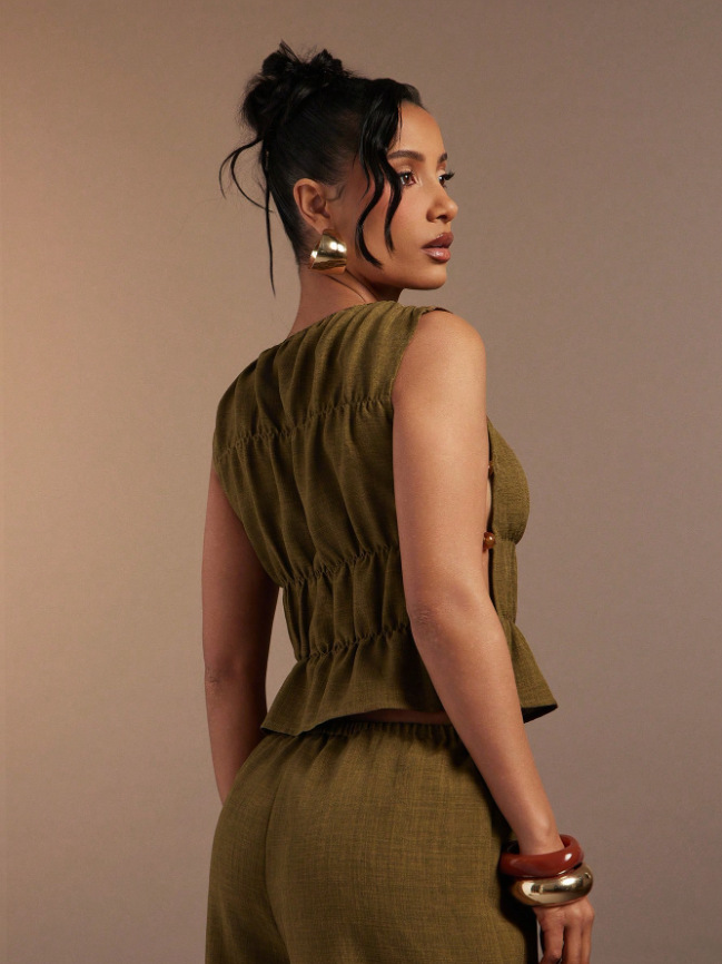 Women's Spring Solid Color Two Piece Set Retro Long Pants Vest Outfit_voghion.com