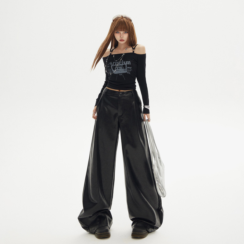 American Style Retro Loose Wide-Leg Pants Versatile Leather Pants Drape Autumn Winter Straight Casual Pants Women New Fleece-Lined